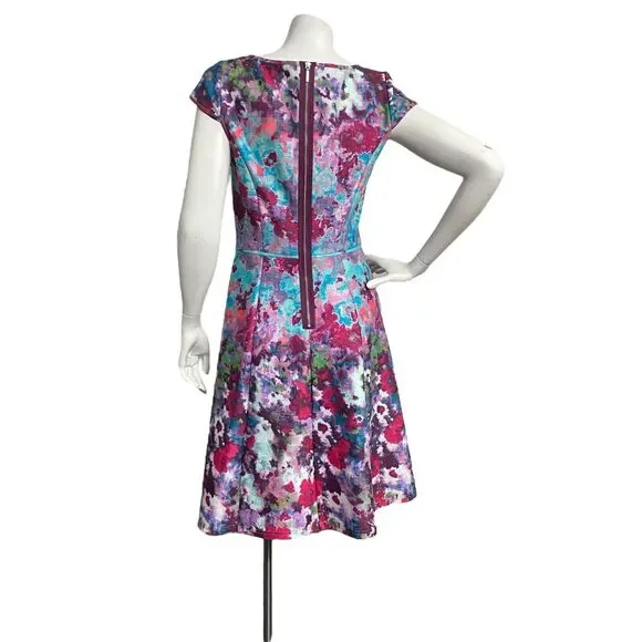 ADRIANNA PAPELL Multi Aqua Floral Scuba Womens Sz 4 Fit & Flare Cocktail Dress - Picture 5 of 10